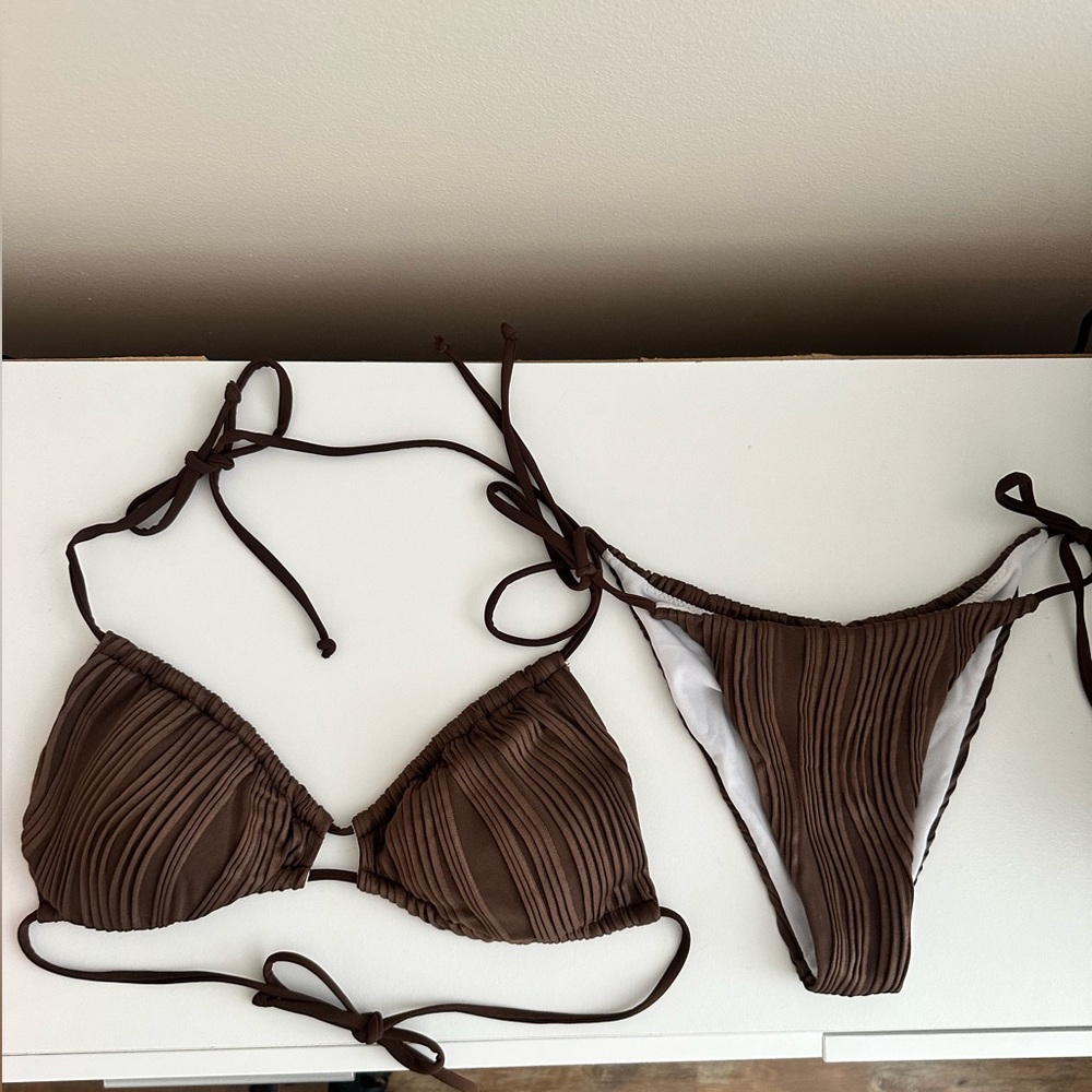 SHEIN Brown Textured Ribbed Triangle Bikini